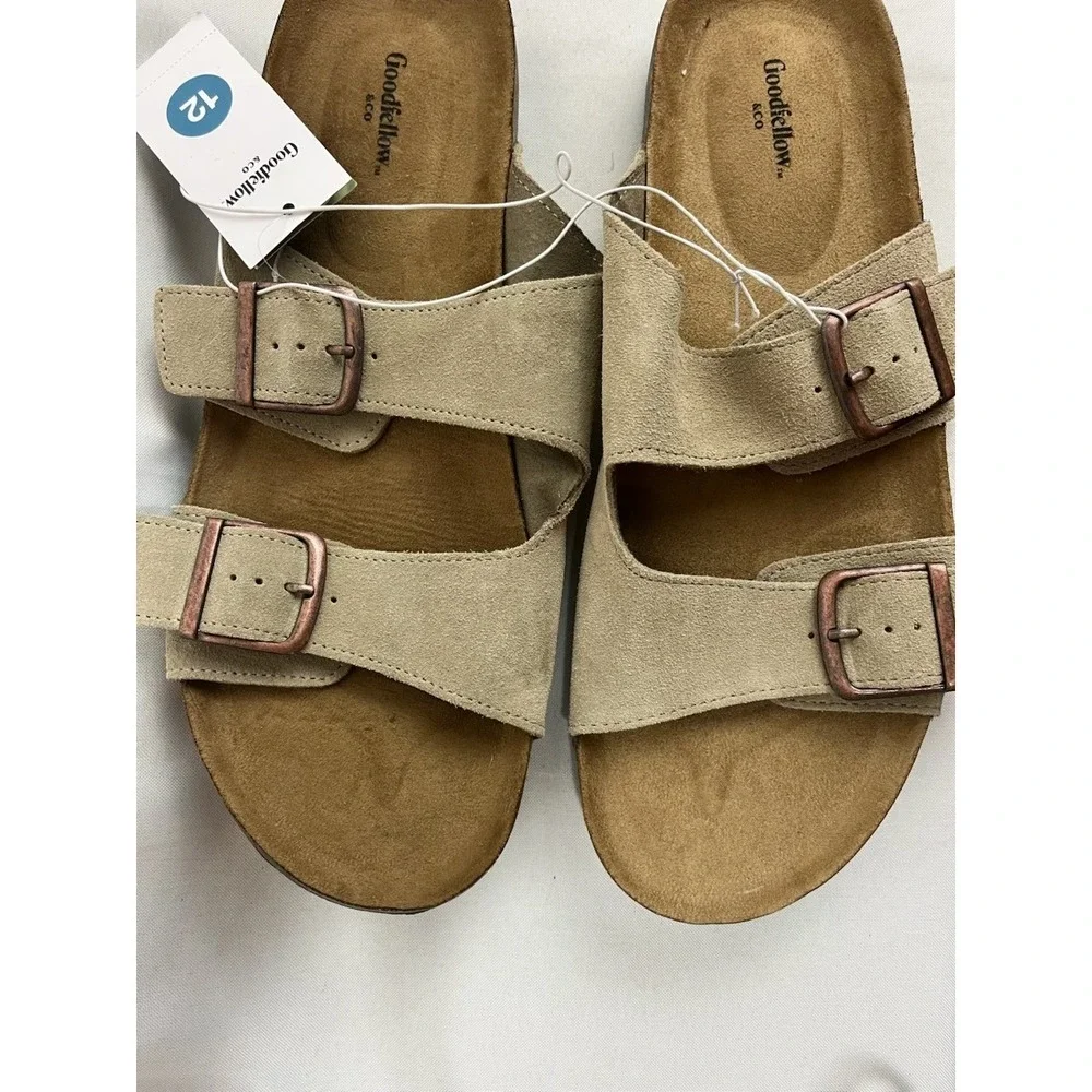Goodfellow & Co Mens Suede Double Strap Buckle Slide Sandals Tan Size 12 NEW